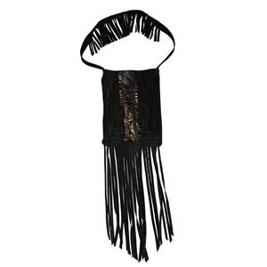 Black Fringe Shoulder Bag With Snake Skin Detail Boho Western Style Suede